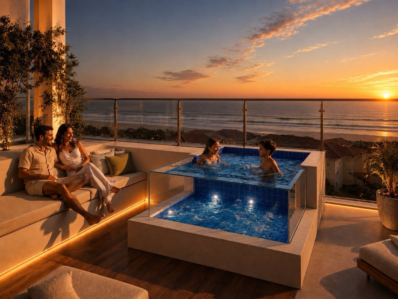 Casal e crianças em piscina na cobertura ao pôr do sol